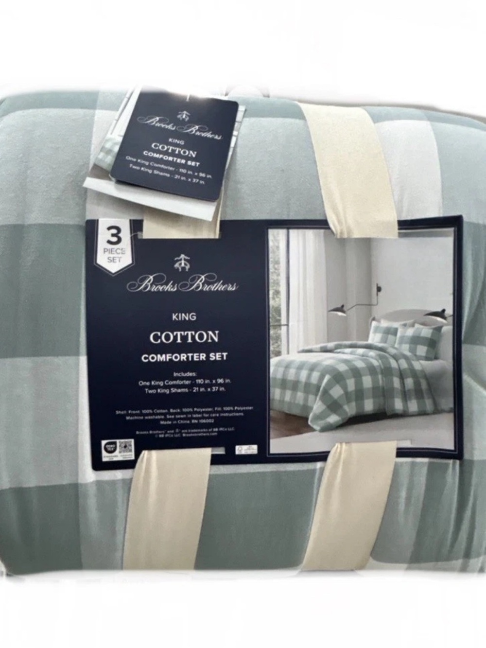 Brooks Brothers King Green Plaid Cotton Comforter Set 110”x96”